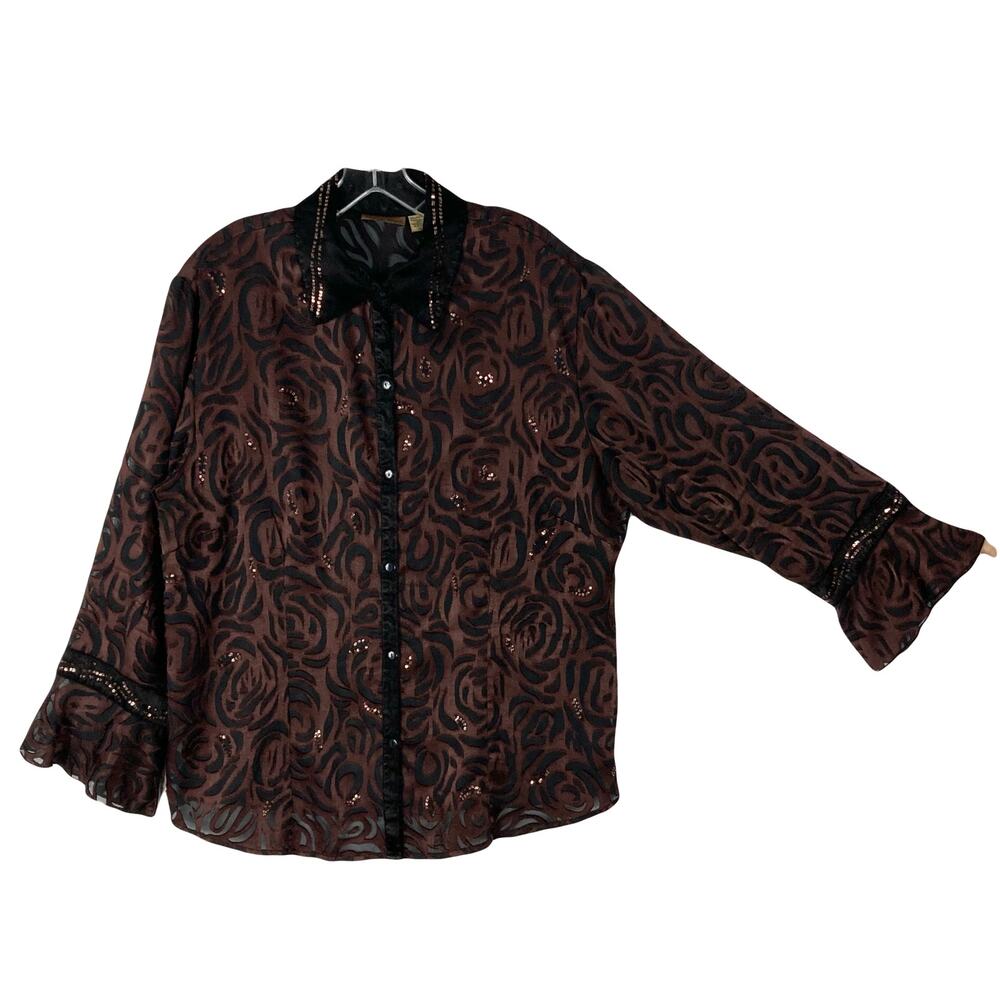 MIDNIGHT VELVET Blouse 18W Plus Size Burnout Sequin Shirt Collar Flared Sleeves